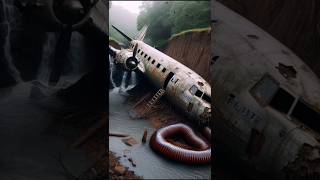 Worms crawl along the wings of a plane leaning on the edge of a large ocean inlet.