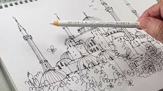 Applying Chinagraph Pencil on Aya Sophia, Sketch, Istanbul Turkey