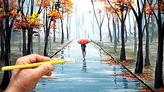Como pintar paisagem de chuva com caminho de árvores / acrylic painting on canvas