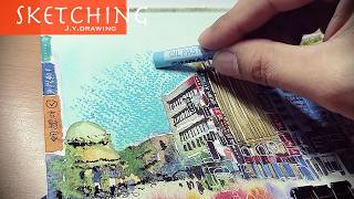 Sketching Street Scenes with Watercolor, Oil Pastels, Dip Pen and White Ball Pen