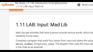 zyBooks lab 1.11 "Mad Libs"