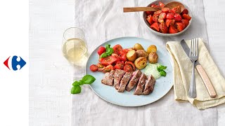 Steak met tomatensalade en crispy krieltjes met basilicummayonaise