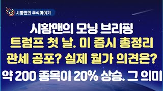 모닝 브리핑. 트럼프 첫 날 증시 움직임 총정리. 월가에서 보는 실제 관세 영향과 증시 분석. 한국 증시 글로벌 선두권 이탈 가능성은? 약 200 종목이 20% 상승. 의미는?