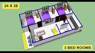 24 X 38 village house design II 24 x 38 ghar ka naksha II 3 bhk house plan