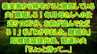 【スカッとする話】義実家から帰宅すると激怒している夫「離婚しろ！毎月母さんへの仕送り10万分、お前が盗んでただろ！」 私「わかりました。離婚ね」 即離婚届提出後、勘違い夫「ちょっと待って…」【修羅場】