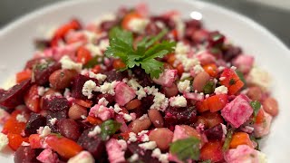 Mixed Bean Beet and Feta Salad with Lemon Garlic Vinaigrette | Mediterranean Style