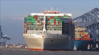 Strong SW winds batter Felixstowe as the OOCL United Kingdom departs with 3 tugs. 22nd November 2017