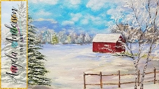 Snowy Winter Landscape with Red Barn Acrylic Painting Tutorial for Beginners LIVE #LoveWinterArt