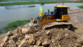 Excellent Dozer Push Clear Rock Into Water With Skills Operator Dump Truck Unloading Rock