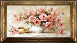 Pink Roses in White Vase, Rustic Vintage Oil Painting | Gold Framed Art Screensaver for TV