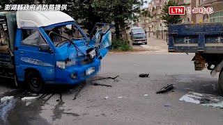 追撞前面卡車 小貨車車頭變形女駕駛被卡在駕駛座內