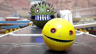 Pacman, Chain Chomp, and Gladiator Robot Battle Spiky Monster in a Thrilling Maze Adventure