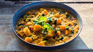 Red lentil dal recipe | Indian curry with sweet potato, spinach \u0026 coconut milk | Easy \u0026 delicious!