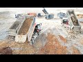 Huge Land Filling Up New Gen SHANTUI Dozer Dump Truck Moving Pushing Rock Soil By Skills Operator