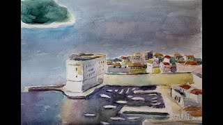 Slikanje akvarelom luka Dubrovnik seascape easy watercolor painting landscape step by step