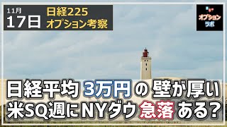 【日経225オプション考察】11/17 日経平均は３万円チャレンジも跳ね返されて上値重い。米SQ週にNYダウは天井をつけてしまうのかを考察！