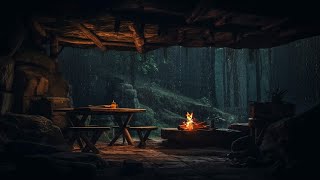 Lonely Hunter's Cave With Heavy Rain and Fireplace , Thunder in The Forest | Rain Ambience ASMR