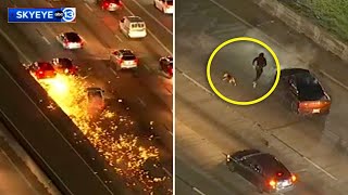 FULL: Dodge Charger 100mph police chase. Dog runs with suspect after I-45 Gulf Freeway fiery crash