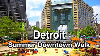Downtown Detroit Michigan Sunny Summer Walk Tour | 5K 60 | City Sounds