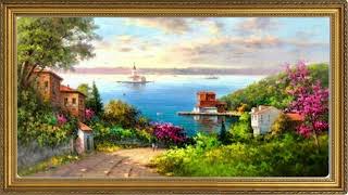 Vintage gold framed art | Lighthouse quiet village