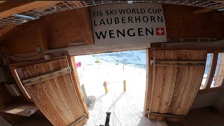 Tourist skis Swiss Wengen Lauberhorn Worldcup Downhill Slope - no stop close to accident near CRASH