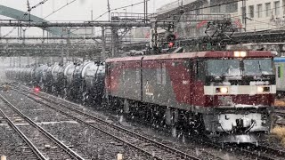 【着雪多数有り！強い雪の中を駆け抜ける！】JR貨物EH500形8号機＋タキ18B（両）が大宮駅4番線を通過するシーン（臨8072レ・仙貨A115・石油返空）2024.2.5