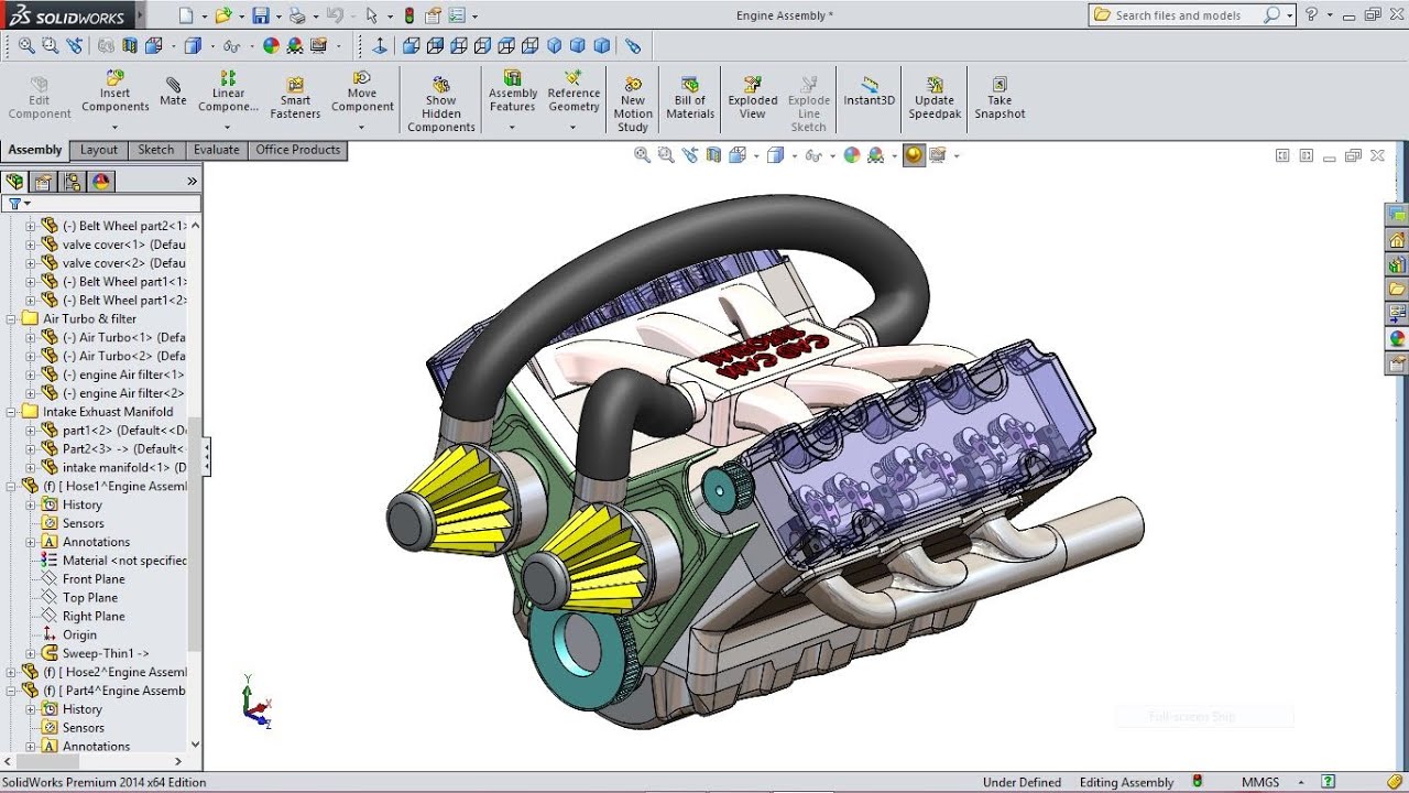 SolidWorks Tutorial Car Engine Advanced Assembly - YouTube