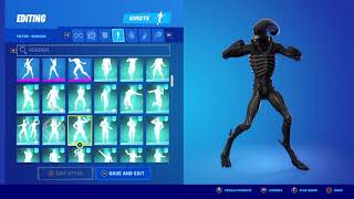 New Skin XENOMORPH!! showcase with almost all emotes from fortnite!! 👽