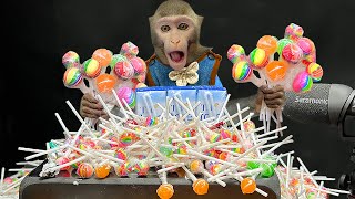 ASMR Mukbang Baby Monkey Bim Bim asks dad to make Milk And Eat Rainbow Lollipops