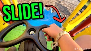 RIDING THE PLASMACAR DOWN A TINY SLIDE