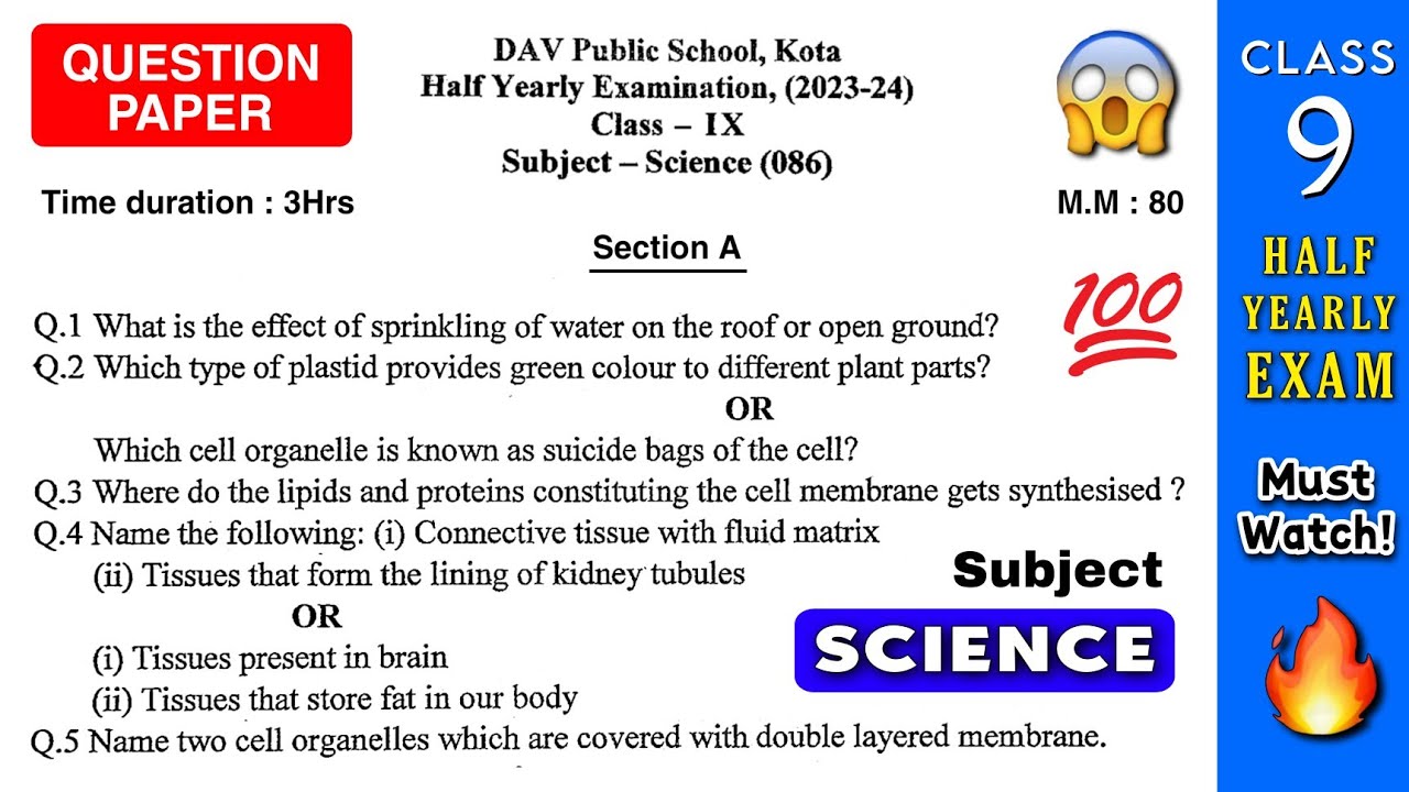 💯Dav Class 9 Science Half Yearly Exam Question Paper 2023-2024 | Ncert ...