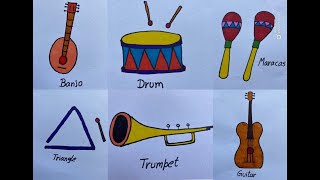 Easy musical instruments drawing|Learn how to draw Drum,Maracas,Guitar,Triangle,Banjo, Trumpet