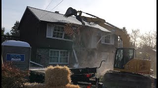 Tall 2-Story House Demolition! Can the Caterpillar 310 Reach? Bonus Sheds \u0026 Concrete Footing Demo!