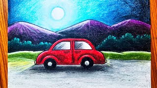 How to Draw Night Sky Mountain Scenery with Oil Pastels | Drawing Car Night Scenery with Mountains