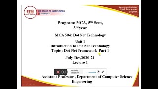 MCA 504 - DOT NET TECHNOLOGY  DOT NET FRAMEWORK PART 1  MCA III YEAR