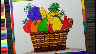 How to draw Summer fruits basket easy step by step l Fruit basket drawing with color for beginners