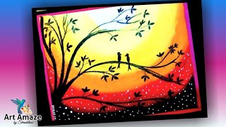 how to draw love birds scenery drawing with oil pastel | step by step | for beginners