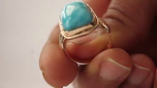 Larimar Ring Solid Gold  14k Turquoise Dominican watch video Size 7.25 001