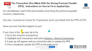 The transaction was billed with the wrong premium payable (PPE). Instructions on how to fix.