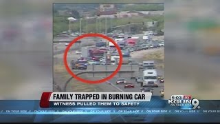 Bystander rescues family from freeway car fire