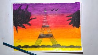 How to Draw Eiffel Tower Scenery Oil Pastel Drawing | Dinesh Arts Ft. Aasha