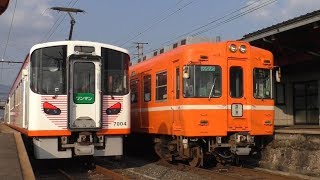 一畑電車7000系デハ7001+デハ7004 回送・2100系2101F @大津町駅