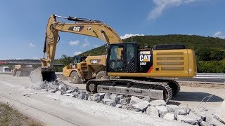 Cat machines on highway - Cat 336F, 330F and 730C2