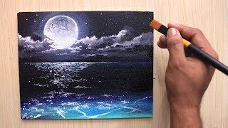Acrylic painting of beautiful Moonlight night sky landscape step by step