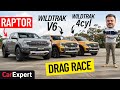 Ford Ranger Raptor v Wildtrak V6 v Wildtrak 4cyl Dragparison: Drag race, sound test & 0-100!