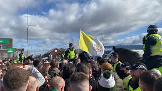 Celtic fans in great voice at Ibrox on 3 April 2022 ahead of the Glasgow Derby...