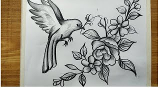 how to draw bird and flowers step by step with pencil sketch for beginners,bird drawing,flower draw