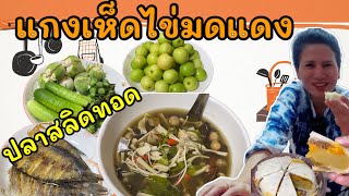 แกงเห็ดใส่ไข่มดแดง ปลาสลิดทอด ก็อร่อยเหมือนกันนะเนี่ย