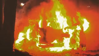 Vehicle Hits Parked SUV at High Speeds Catches Fire | POMONA, CA