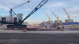 Loading a Lima 2400B Lattice Crawler Crane onto a barge at the Port of Coeymans